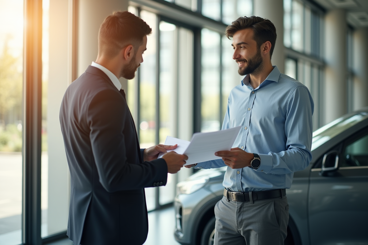 Agent d'assurance remettant des documents de voiture à un jeune homme