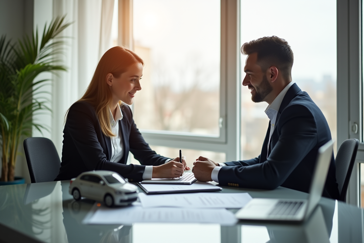 Agent d'assurance et client examinant des documents auto