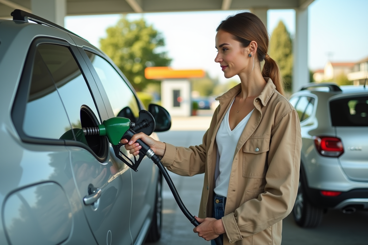 Jeune femme faisant le plein avec additif diesel à la station