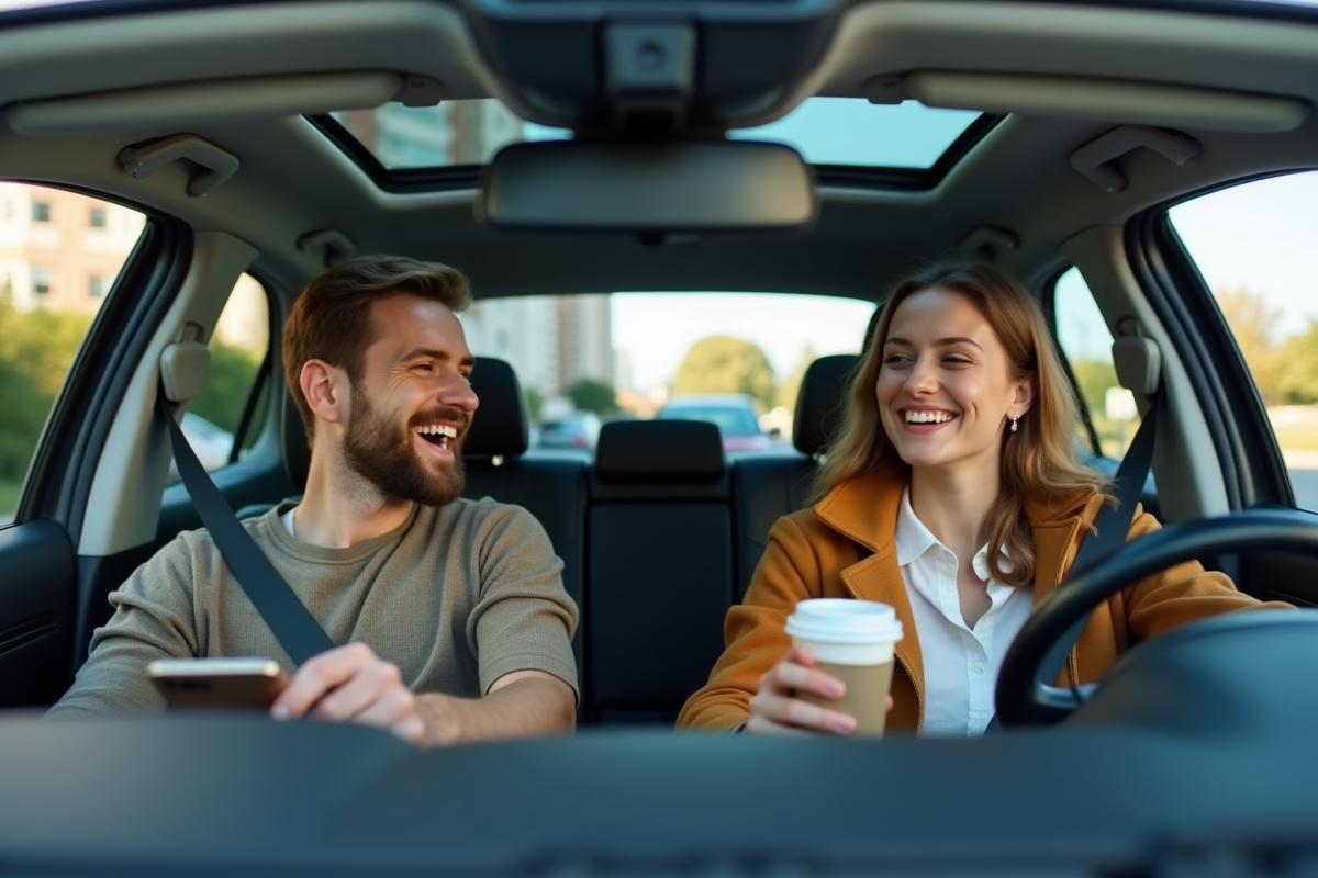 Trois jeunes amis riant dans une voiture en stationnement urbain