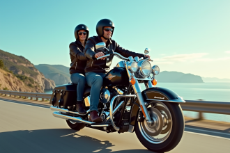 Deux personnes en moto Harley sur une route côtière ensoleillée