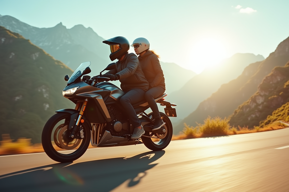 Couple en moto sur route de montagne ensoleillee