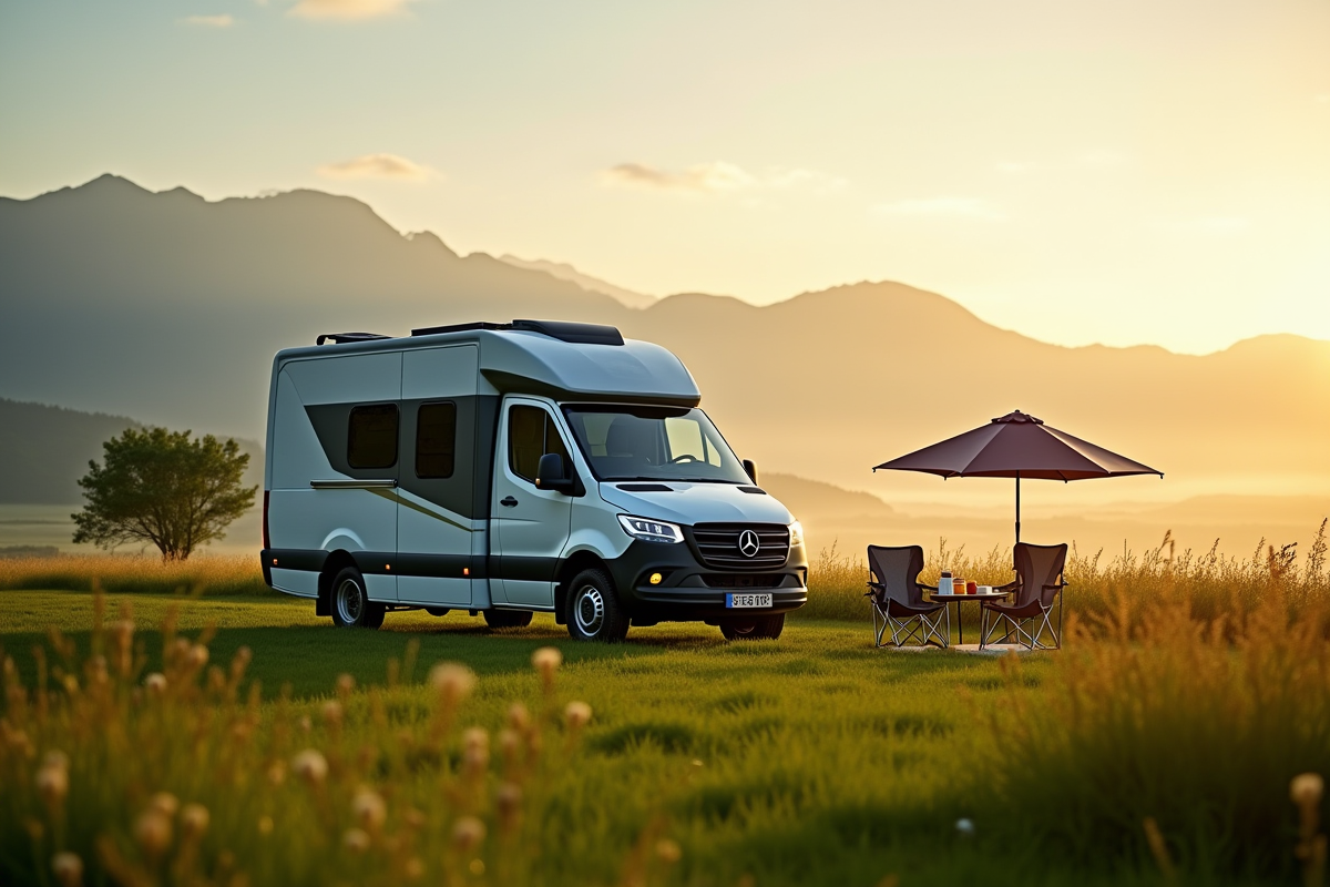 Camping-car au lever du soleil dans une prairie en France
