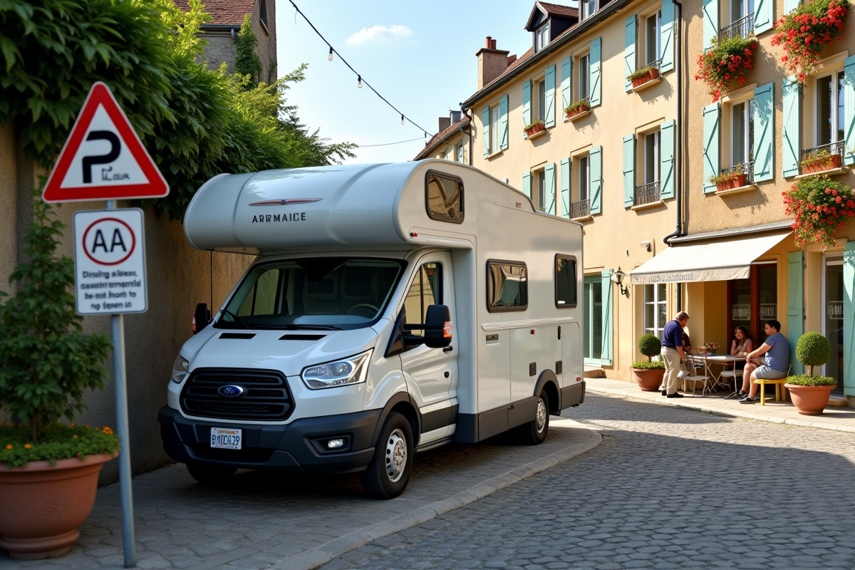 Camping-car près d un village français avec maisons colorées