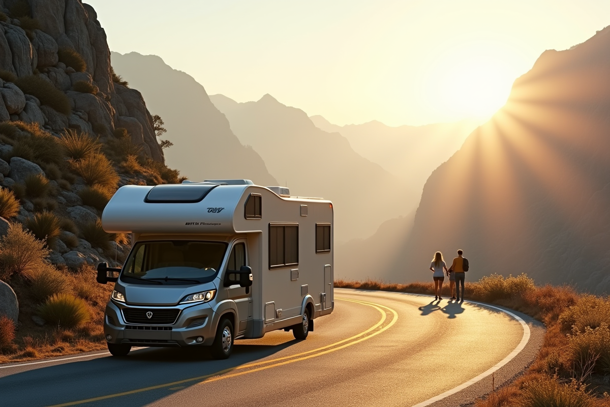 Camping en motorhome sur une route de montagne ensoleillée