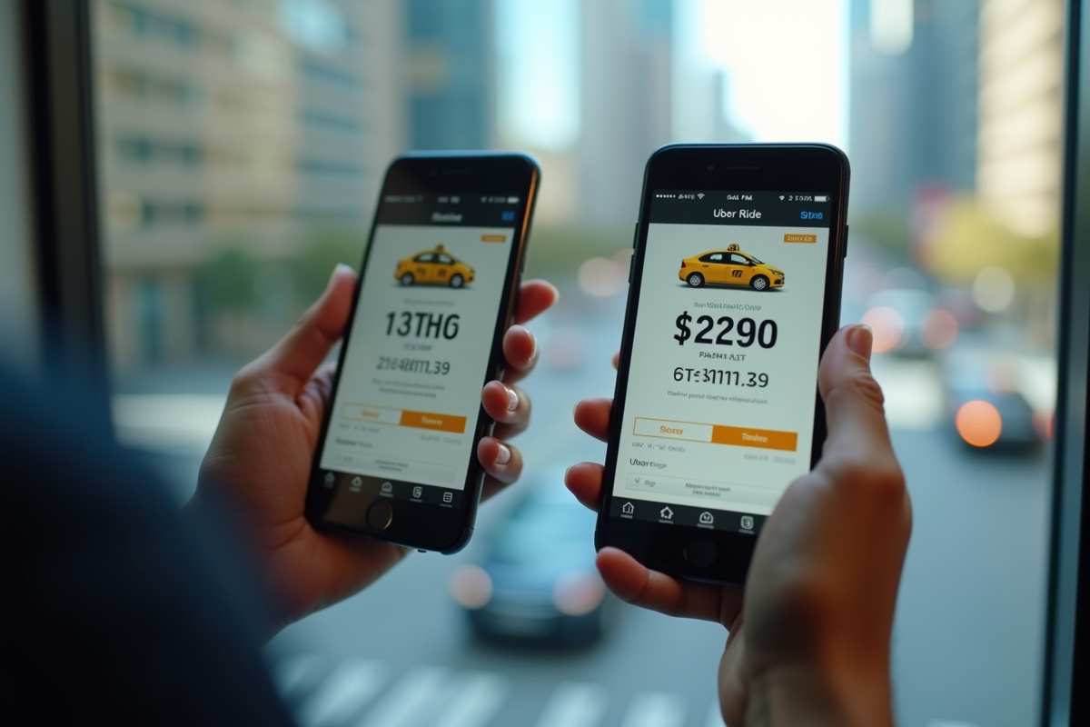Main tenant deux smartphones affichant prix taxi et Uber en ville