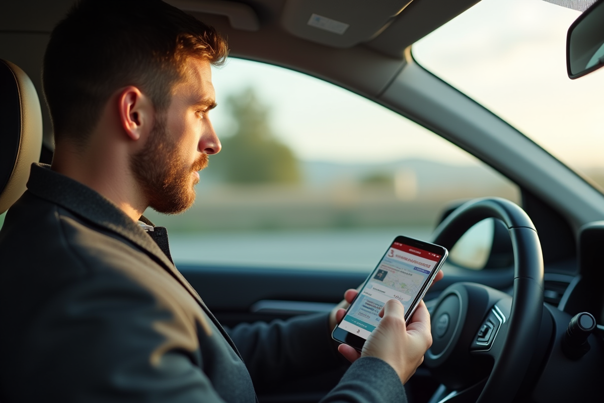 Conducteur inquiet tenant son permis de conduire français en voiture