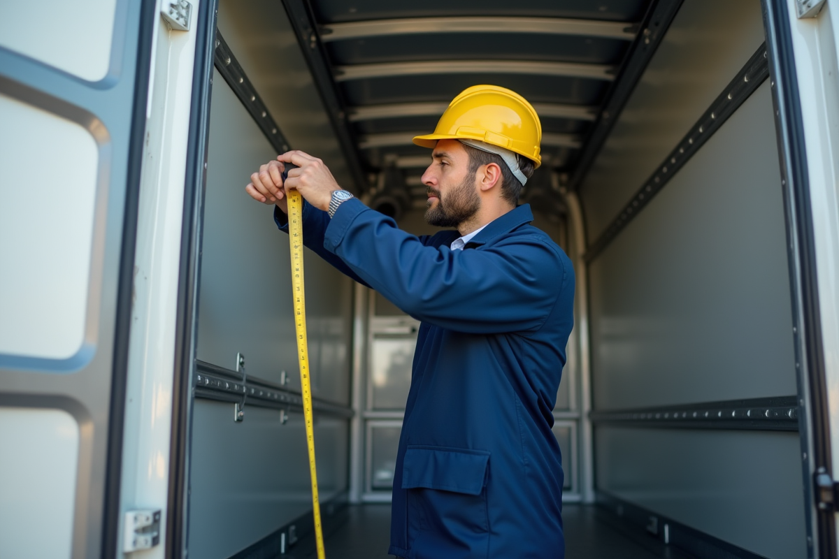 Conducteur de camion mesurant l'espace de chargement vide