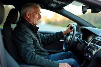 Homme d'âge moyen au volant d'une voiture moderne en intérieur