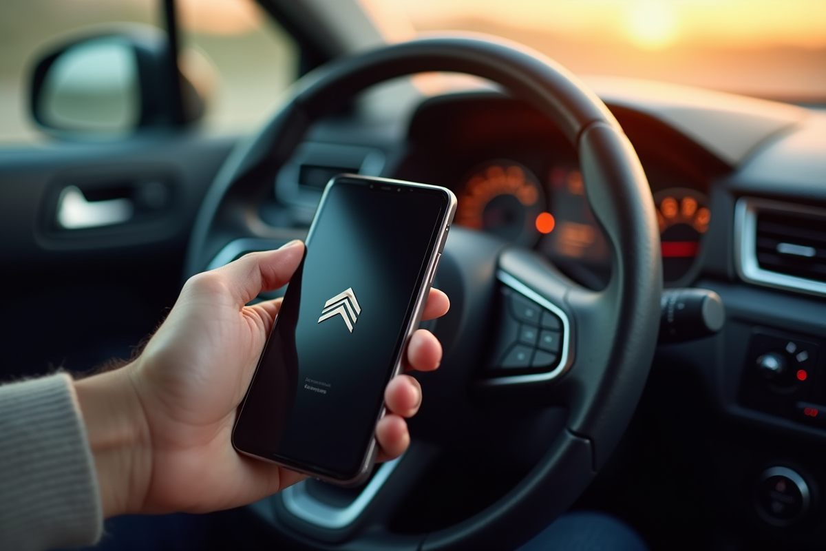 Main tenant un smartphone près du volant Citroën en matinée