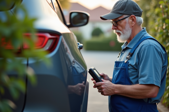 Homme vérifiant le système d'échappement d'une voiture diesel