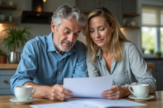 Couple adulte examine documents d'assurance voiture à la maison
