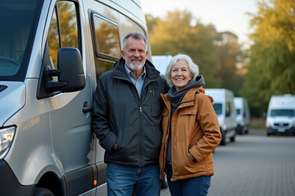 Couple souriant inspectant un van aménagé en concession