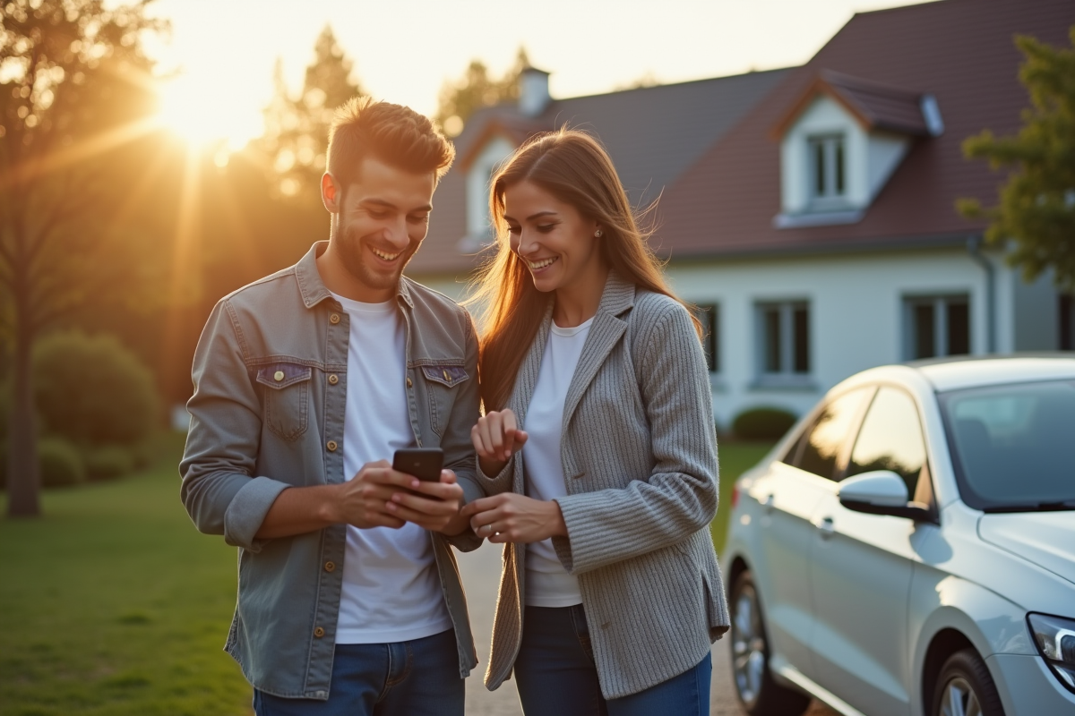 Jeune couple vérifiant leur assurance voiture sur smartphone devant une maison