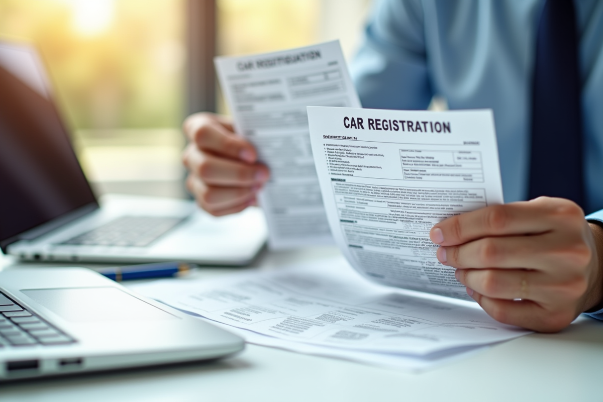 Mains tenant un certificat d'immatriculation voiture et une photocopie sur un bureau lumineux