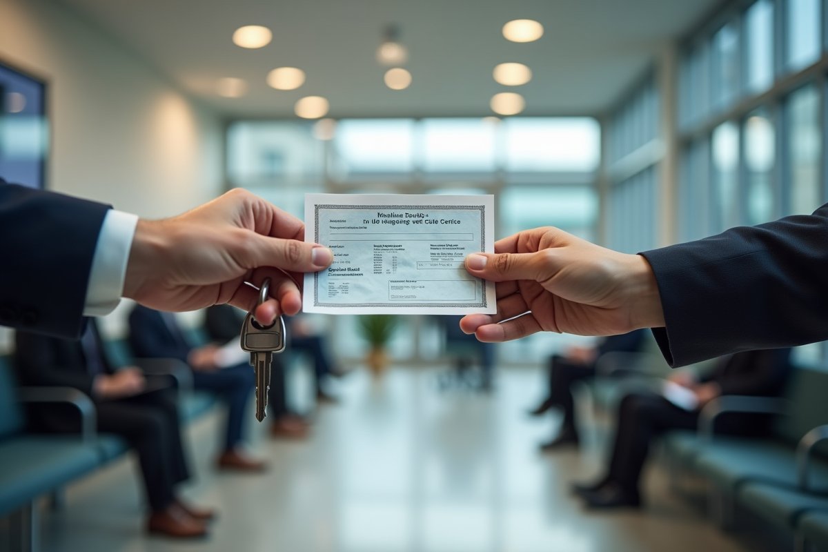 Main passant une clé de voiture et un certificat d