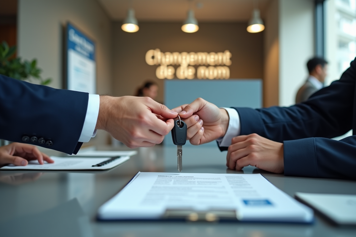 Main échangeant documents et clés de voiture devant un panneau changement de nom