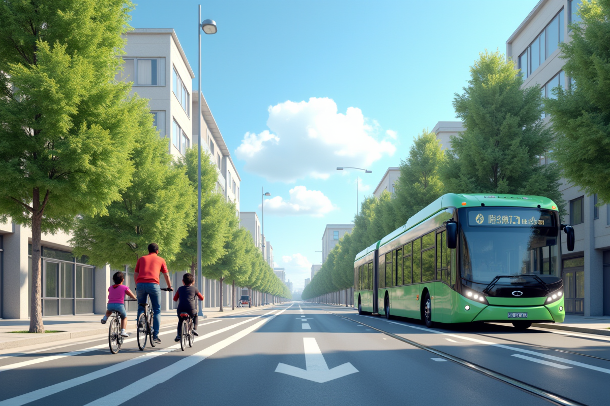 Famille à vélo dans une ville avec transport écologique