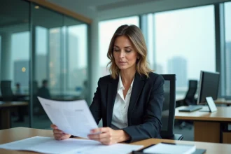 Femme d affaires au bureau examine des documents d assurance