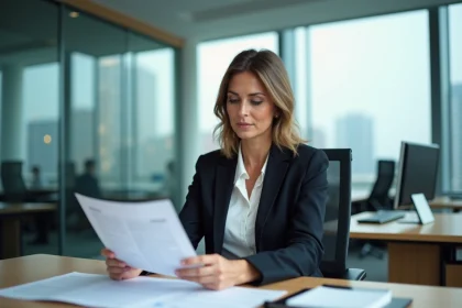 Femme d affaires au bureau examine des documents d assurance