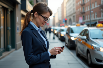 Femme d affaires en costume près d un arrêt de taxi