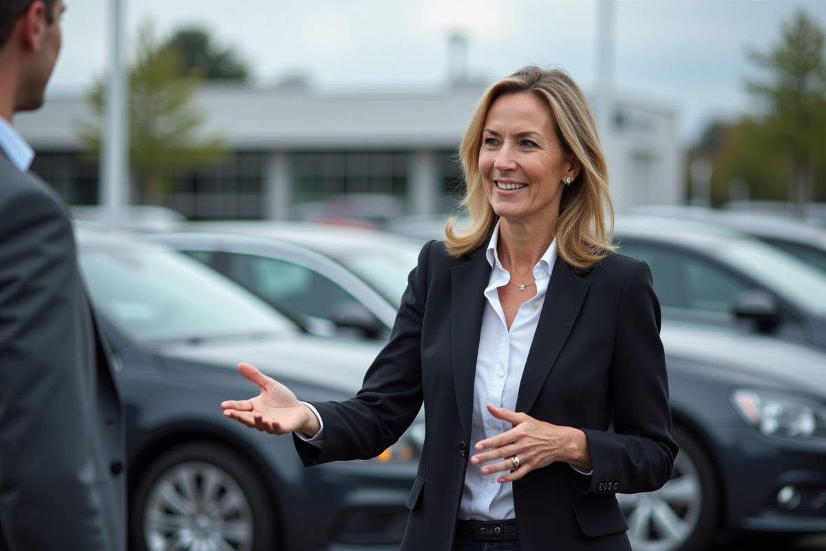 Femme professionnelle devant un concessionnaire auto