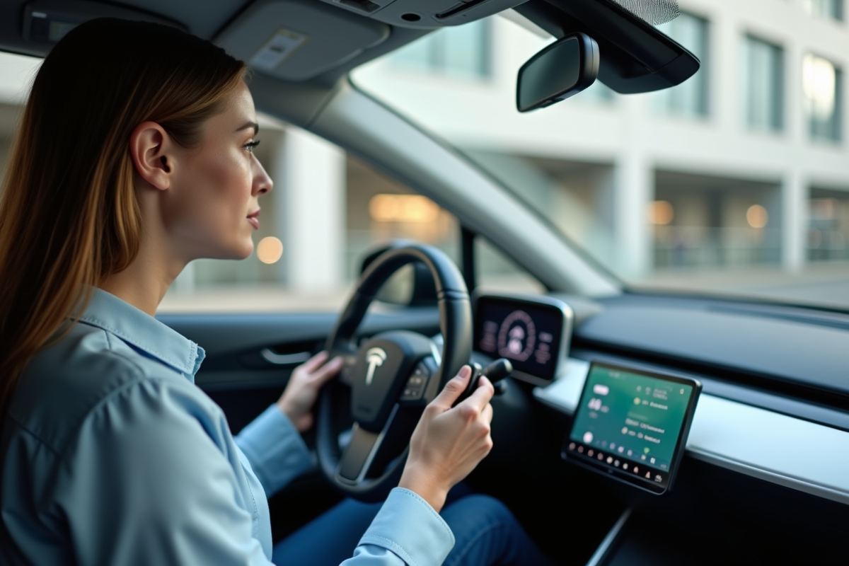 Jeune femme examinant le tableau de bord d