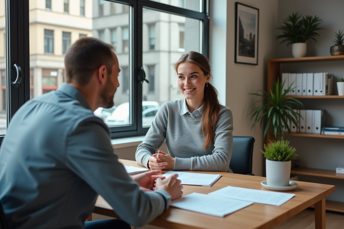 Jeune femme parlant avec un agent d