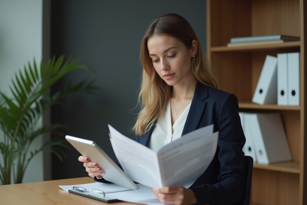 Jeune femme d affaires examinant des documents dans un bureau