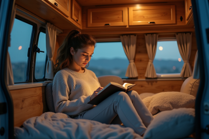 Femme lisant dans un van cosy la nuit