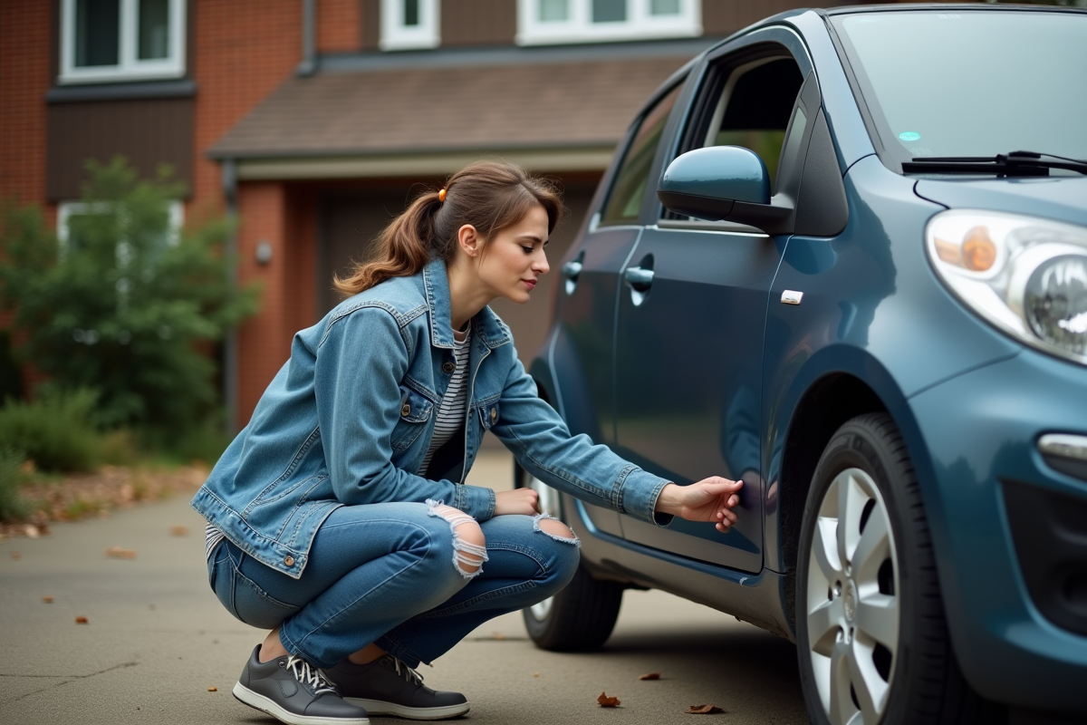 Femme en jean verrouillant manuellement une voiture dans une cour résidentielle