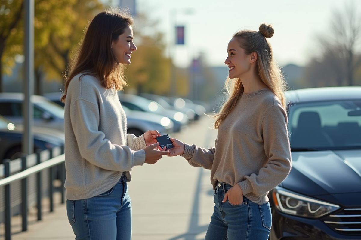 Jeune femme souriante effectuant un paiement sans contact à un concessionnaire