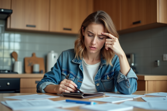 Femme préoccupée cherchant dans son portefeuille à la maison