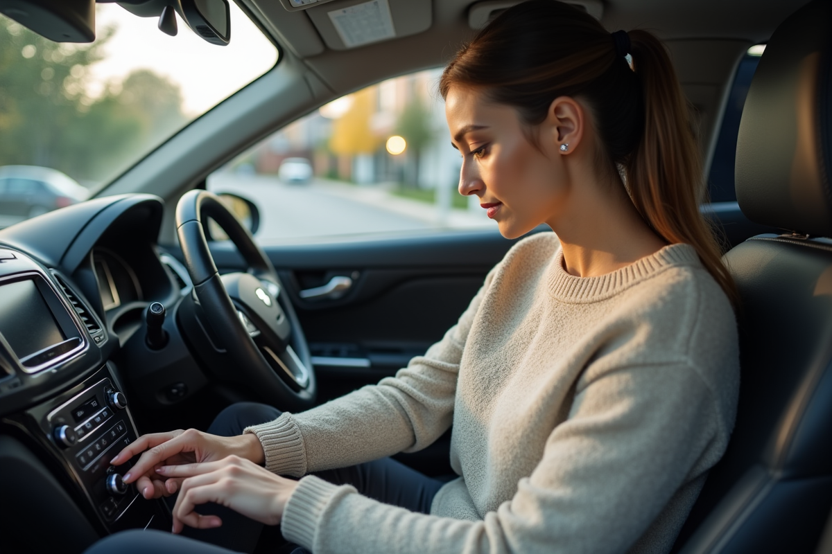 Jeune femme réglant le verrouillage de sa voiture en intérieur