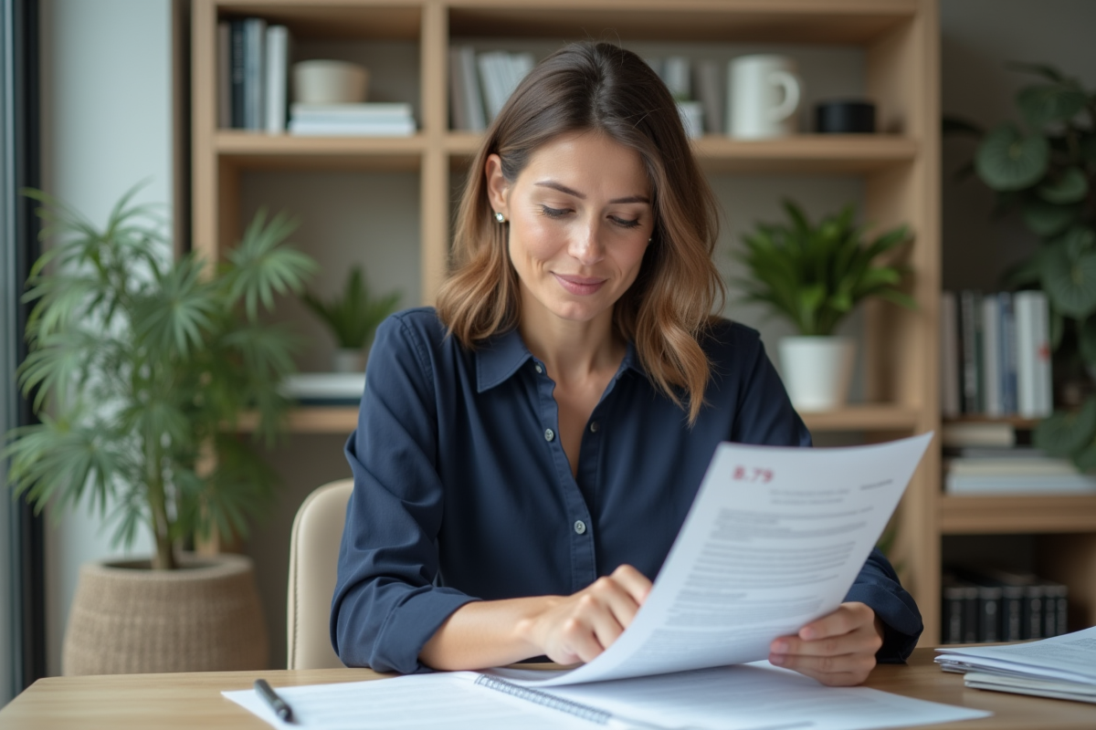 Femme concentrée travaillant sur un document dans un bureau moderne