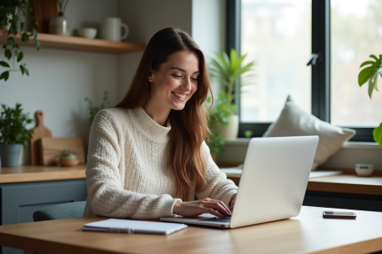 Femme souriante travaillant sur son ordinateur dans une cuisine lumineuse