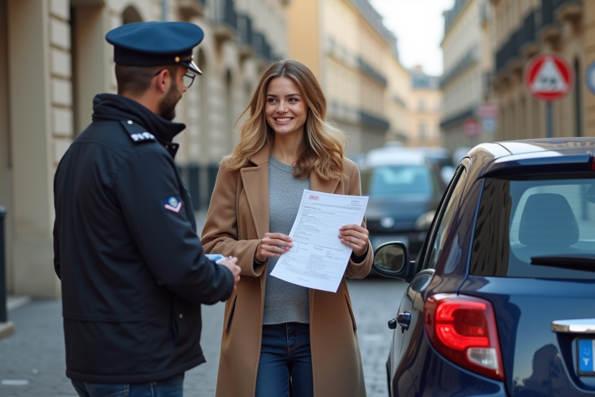 Jeune femme montrant son certificat de cession à un agent urbain