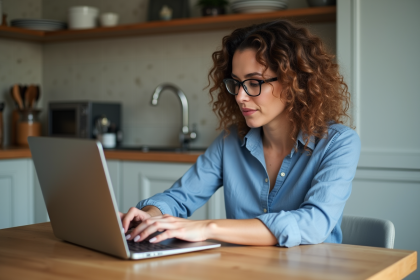 Femme vérifiant ses points sur un ordinateur dans la cuisine