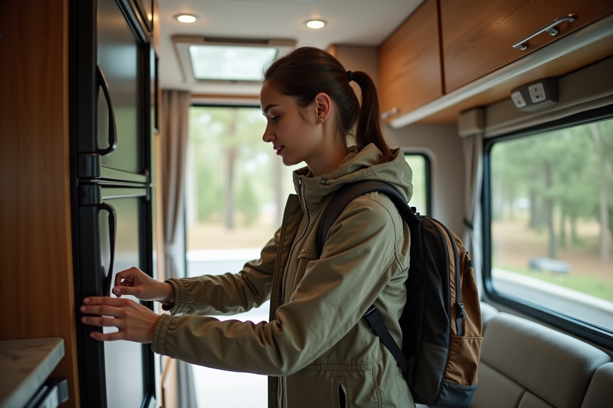Jeune femme vérifiant un système de sécurité dans un camping-car