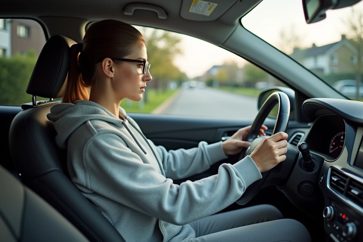 Jeune femme installe un antivol de volant dans sa voiture