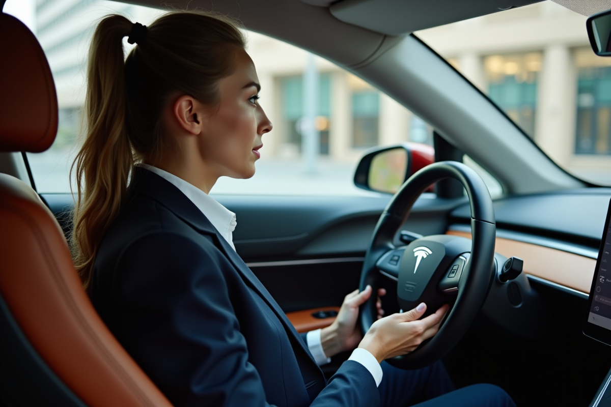 Jeune femme dans une voiture électrique examine l
