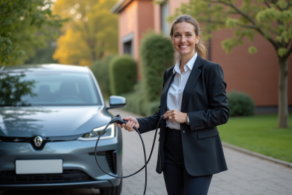 Femme souriante avec voiture électrique dans la cour