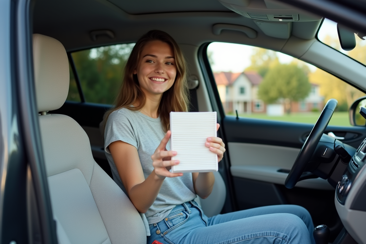 Jeune femme tenant un filtre cabine dans une voiture