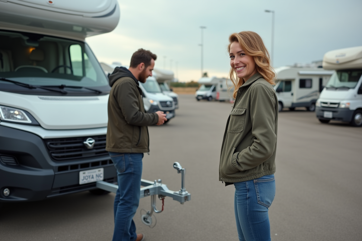 Femme souriante observe la pose d une remorque sur son van