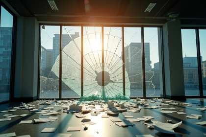 Fenêtre cassée dans un bureau moderne avec lumière du soleil