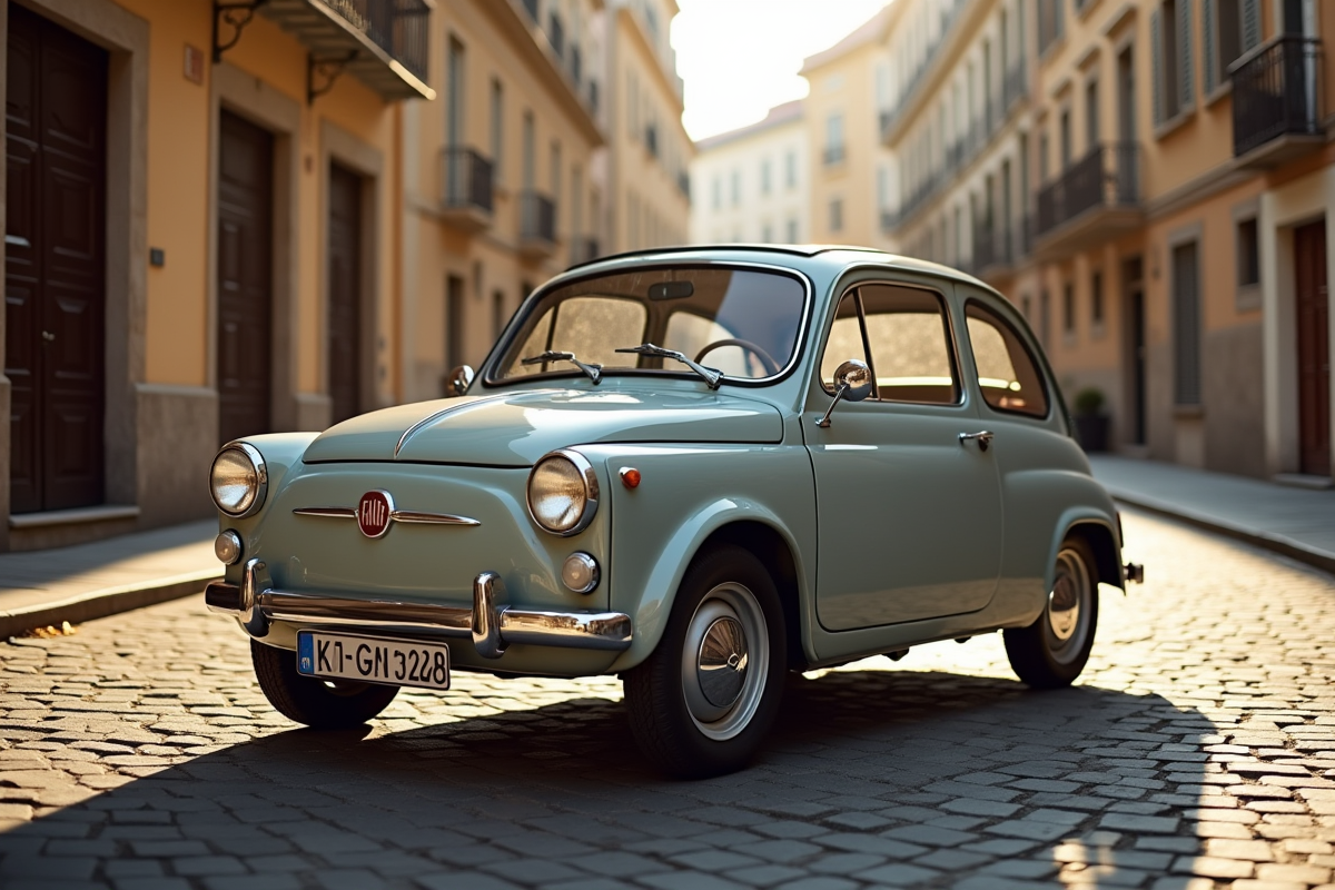 Fiat Topolino garée dans une rue urbaine ensoleillée
