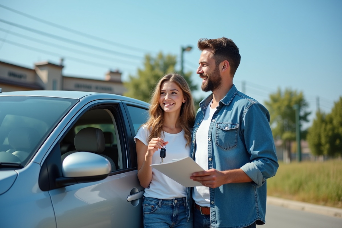 Fille et père devant une voiture avec clés et manuel de conduite