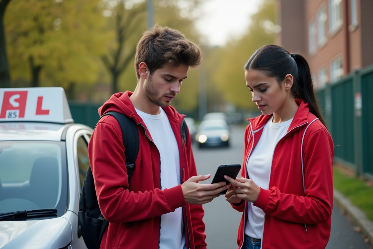 Fille et père regardant une application de conduite sur smartphone