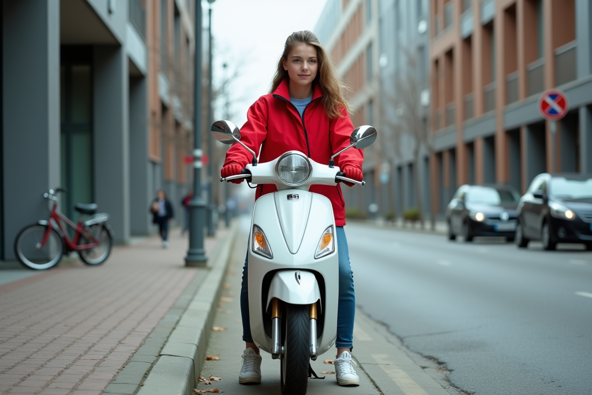 Jeune fille avec scooter blanc en ville urbaine