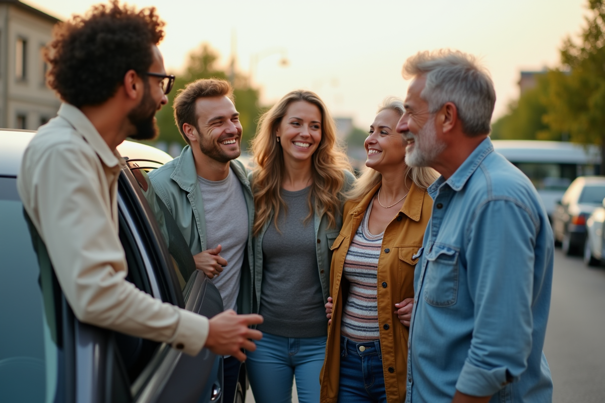 Groupe de personnes souriantes entrant dans une voiture pour covoiturage